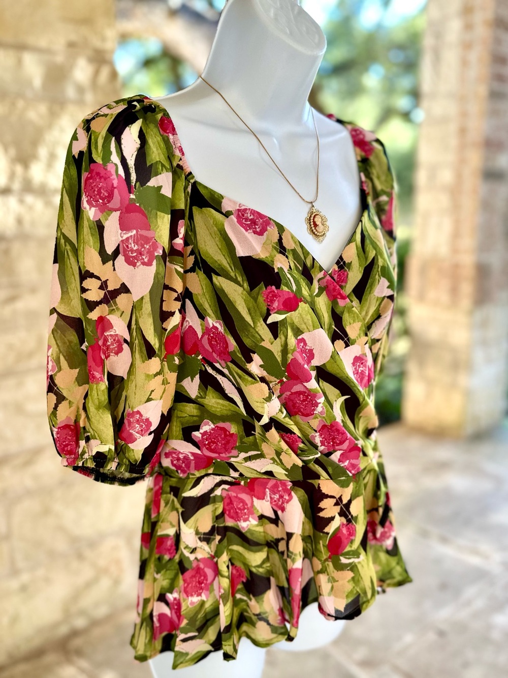 Flying Tomato Floral Faux Wrap Top in Pink & Green - Picture 6 of 11